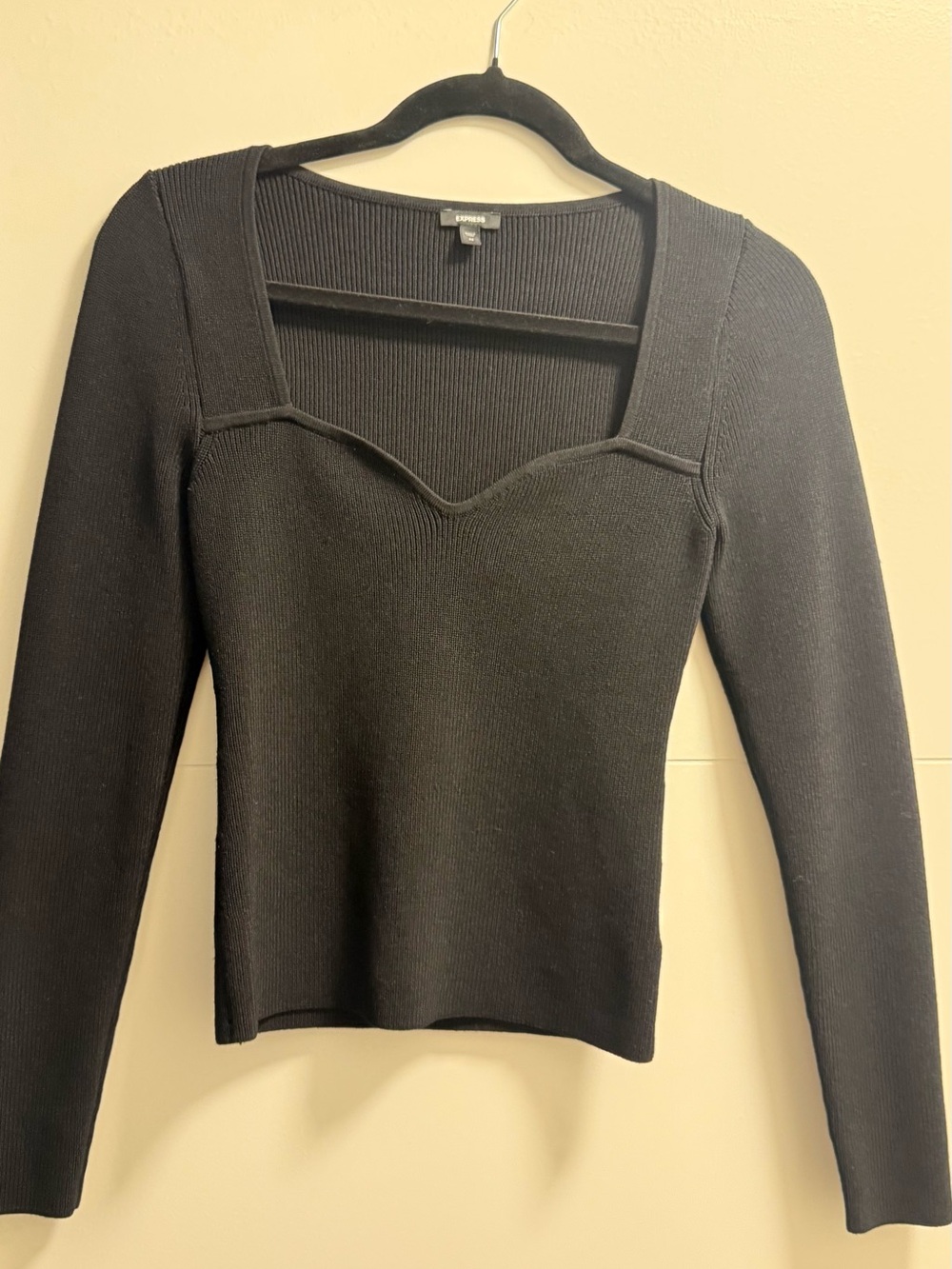 Express Black Ribbed Long-Sleeve Sweetheart Top